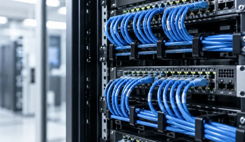 ネットワークラックに整然と配線された LAN ケーブル